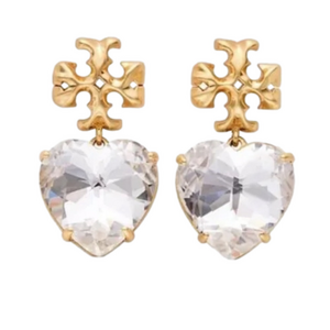 Tory Burch New Roxanne Crystal Brass Heart Drop Earrings